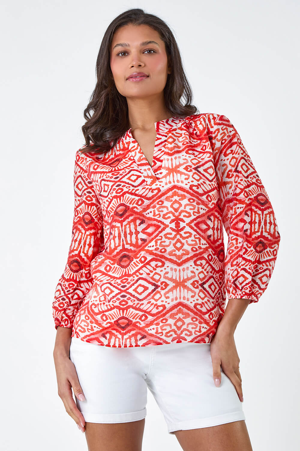 ORANGE Abstract Print Notch Neck Top, Image 4 of 5