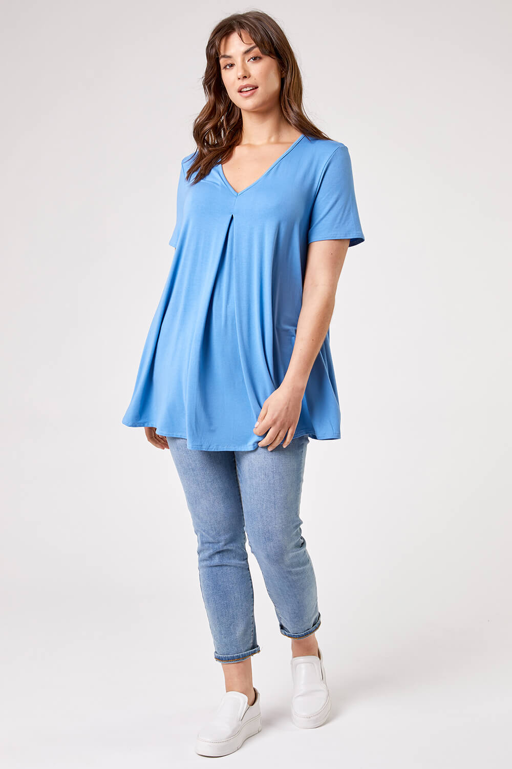 Blue Curve Pleat Front Jersey Tunic Top, Image 3 of 4