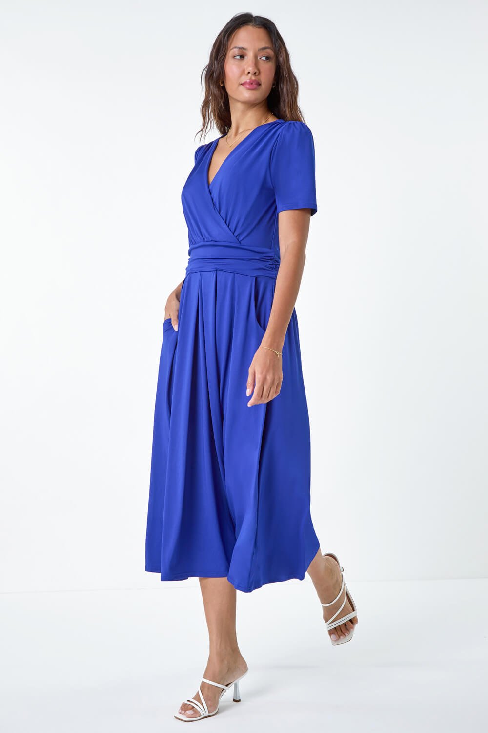 Royal Blue Gathered Wrap Stretch Midi Dress, Image 2 of 5