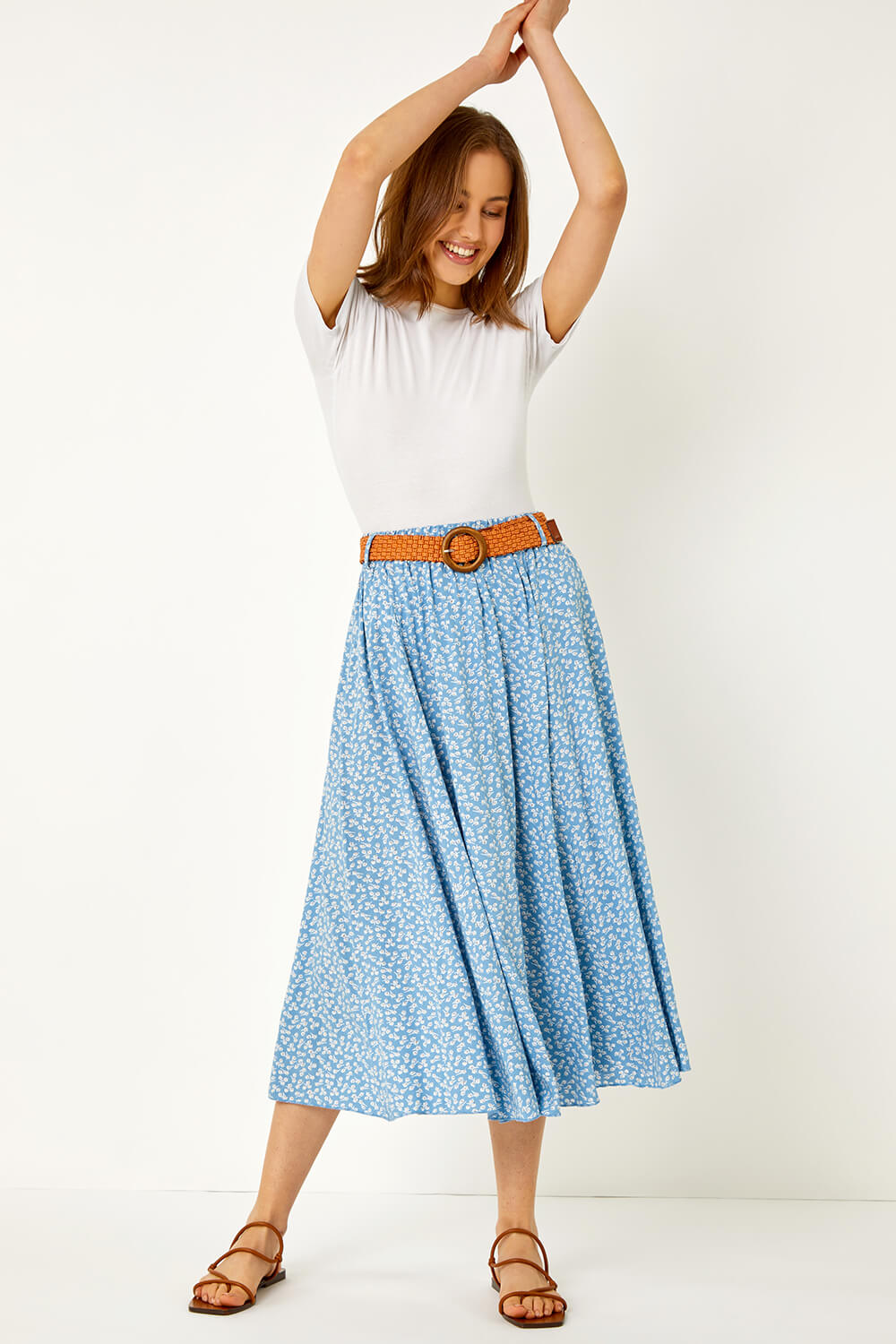  Floral Print Belted Midi Skirt, Image 2 of 5