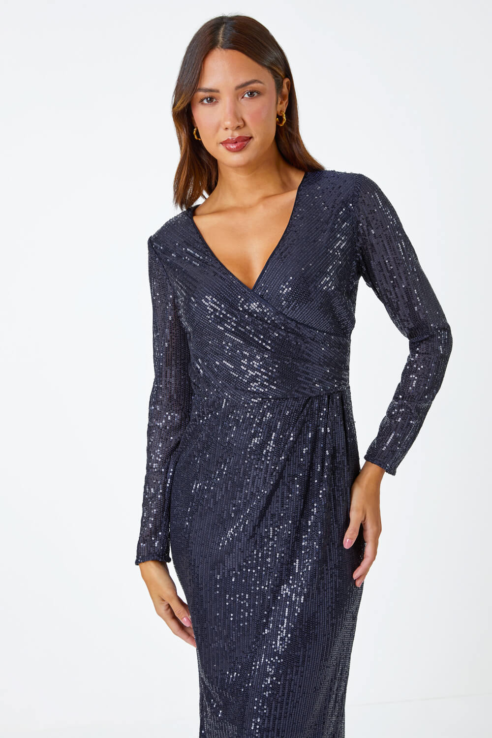 Navy  Sequin Wrap Stretch Maxi Dress, Image 4 of 5