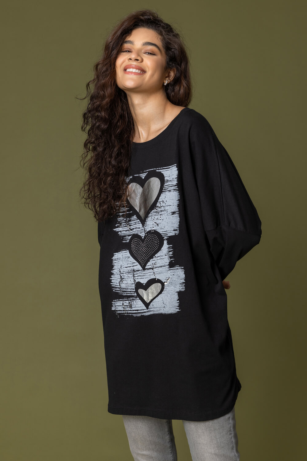 Foil Heart Print Embellished Tunic Top