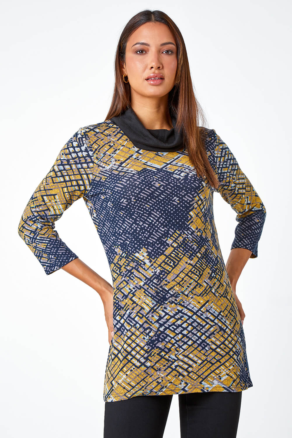 Ochre Abstract Print Cowl Neck Stretch Top, Image 2 of 5