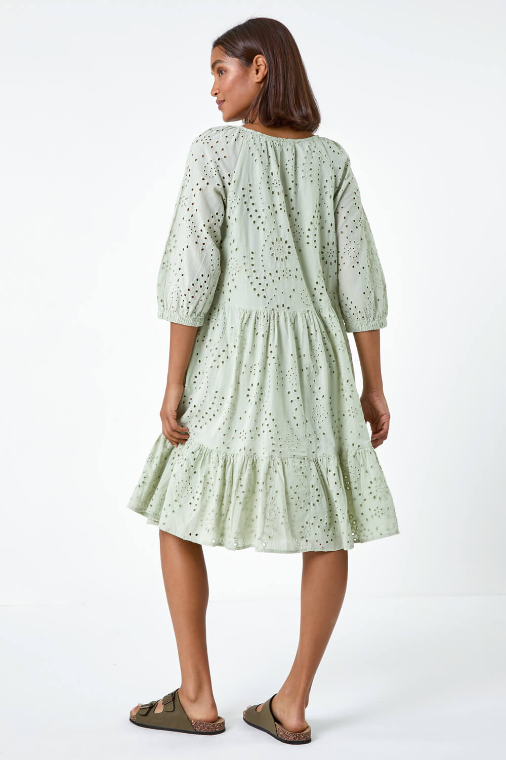 Sage Cotton Broderie Tiered Smock Dress, Image 3 of 5