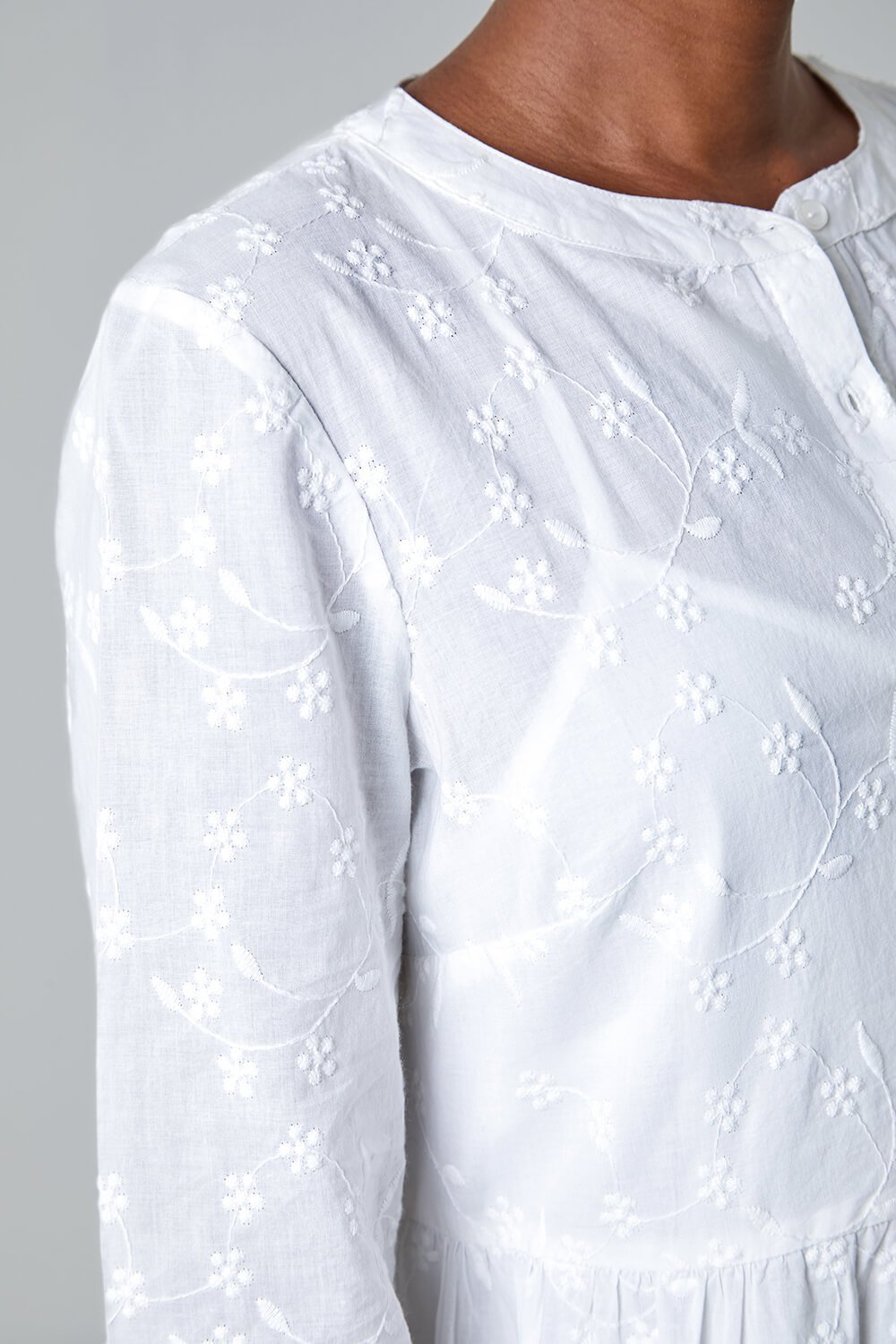 White Embroidered Tiered Cotton Midi Dress, Image 5 of 6