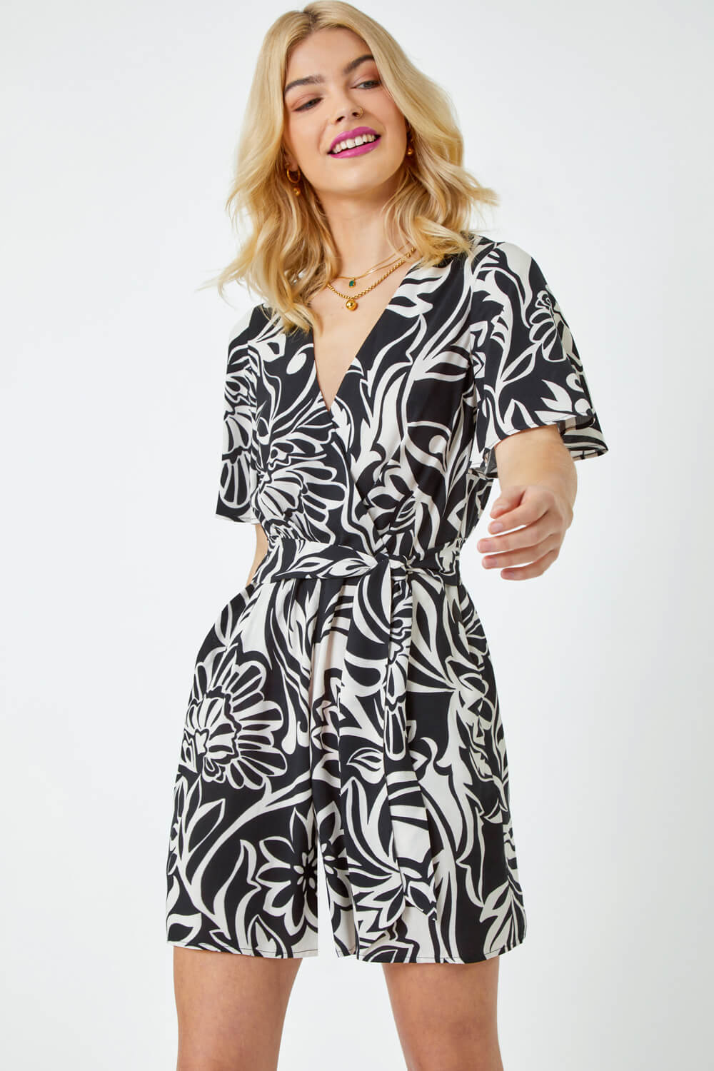 Graphic Print Belted Wrap Playsuit