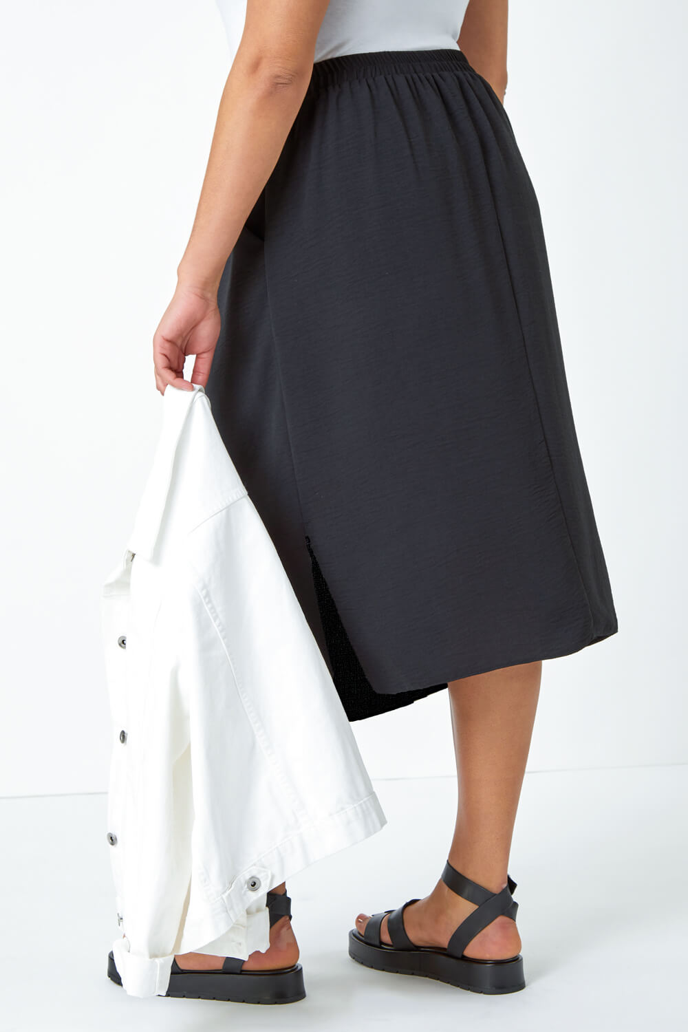 Black Curve Linen Look Midi Skirt, Image 3 of 5