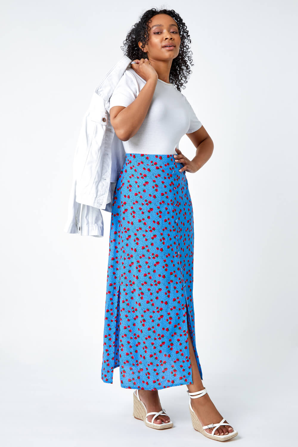 Blue Petite Strawberry Button Stretch Skirt, Image 2 of 5