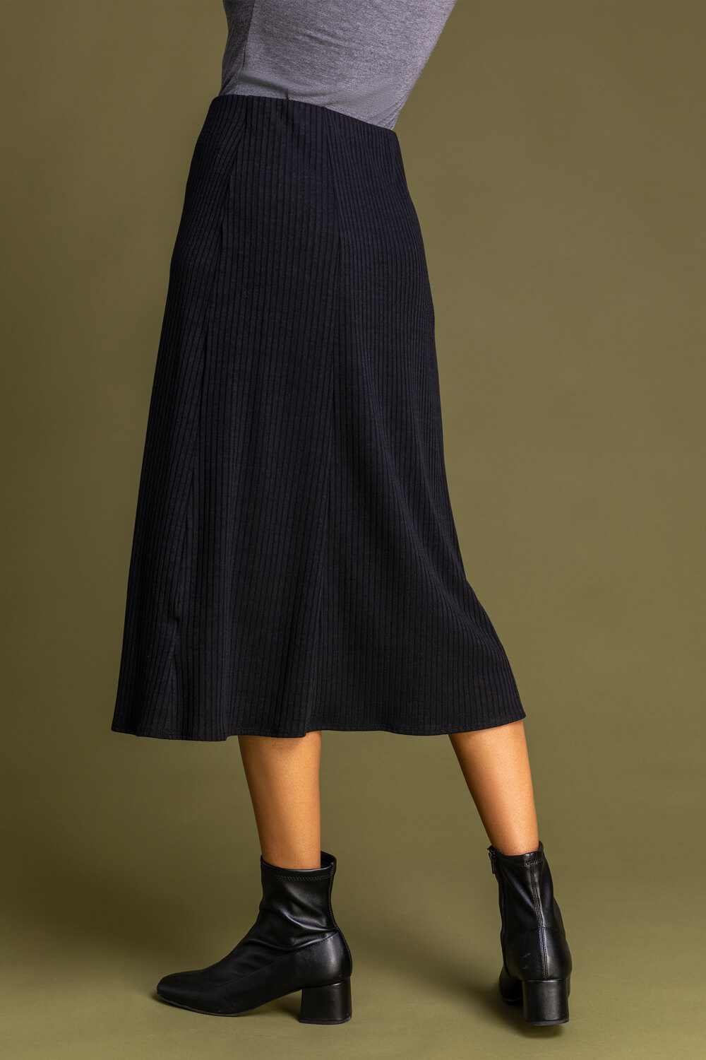 Ribbed Midi Length Skirt in Black - Roman Originals UK
