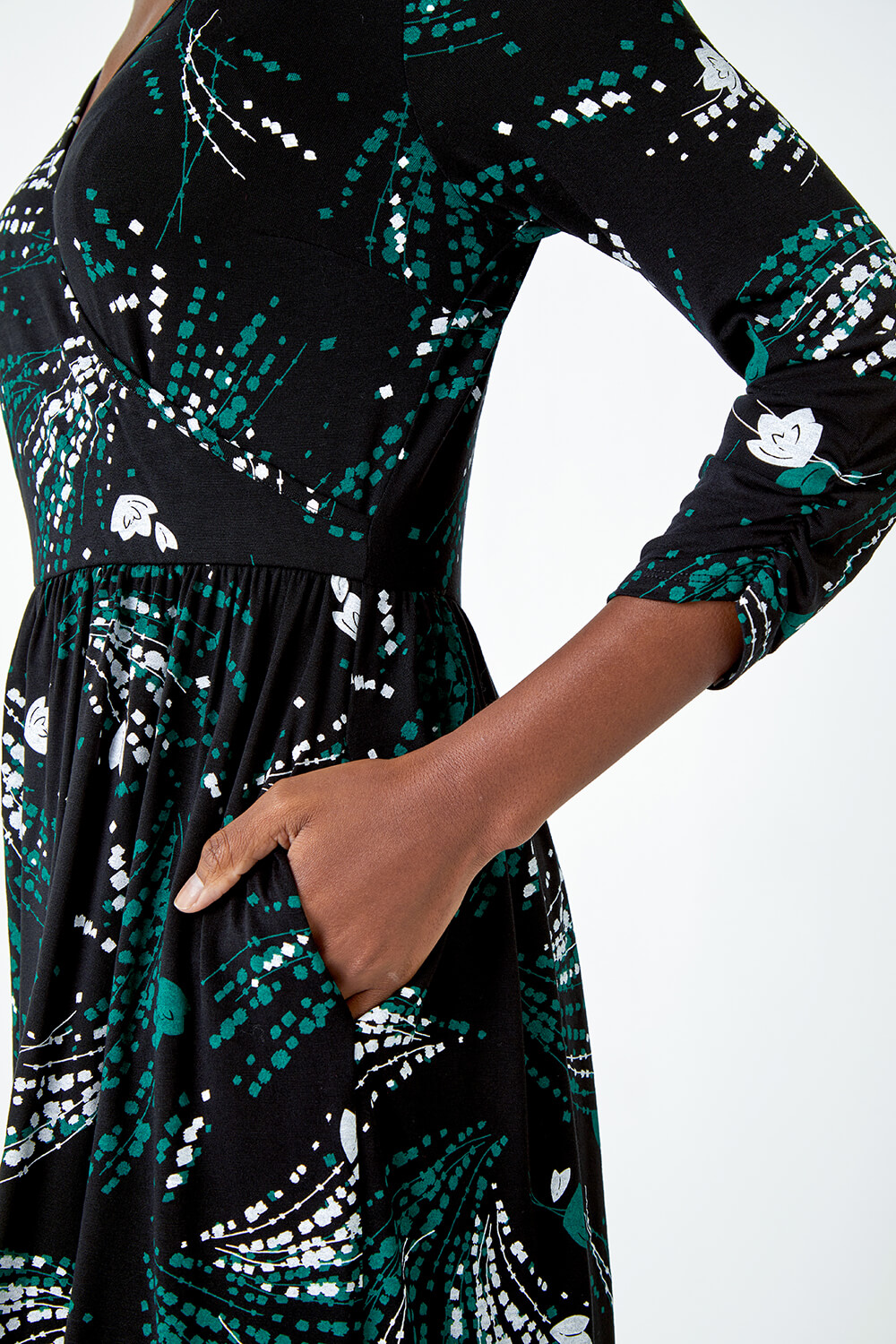 Green Abstract Print Wrap Midi Stretch Dress, Image 5 of 5