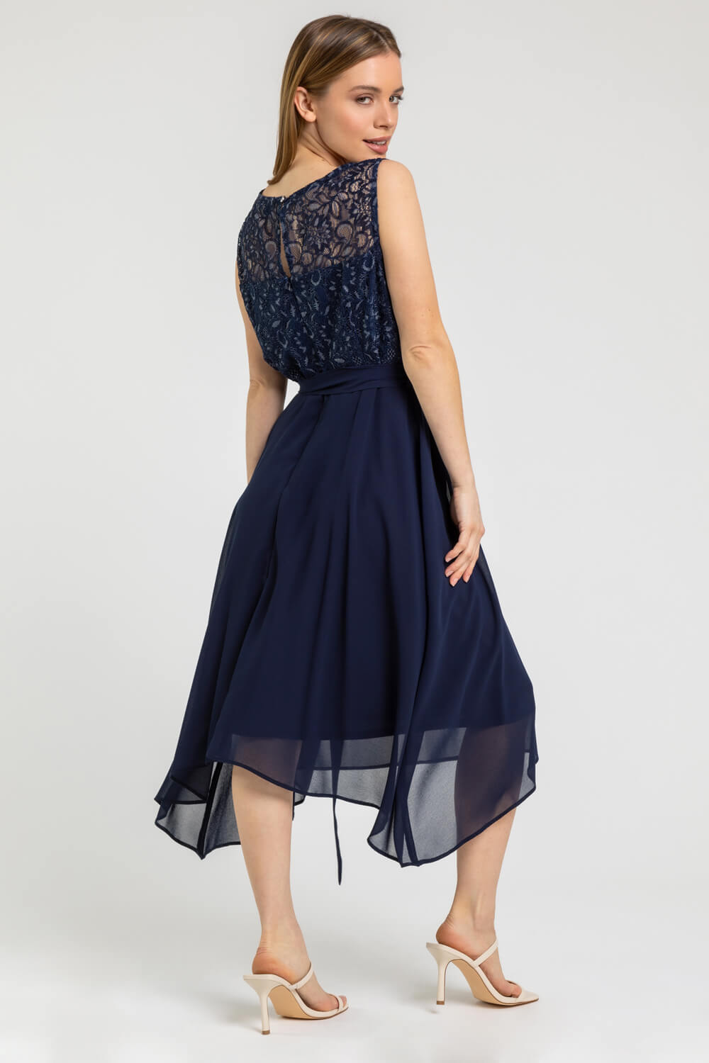 Petite Lace Detail Fit And Flare Dress in Navy | Roman UK