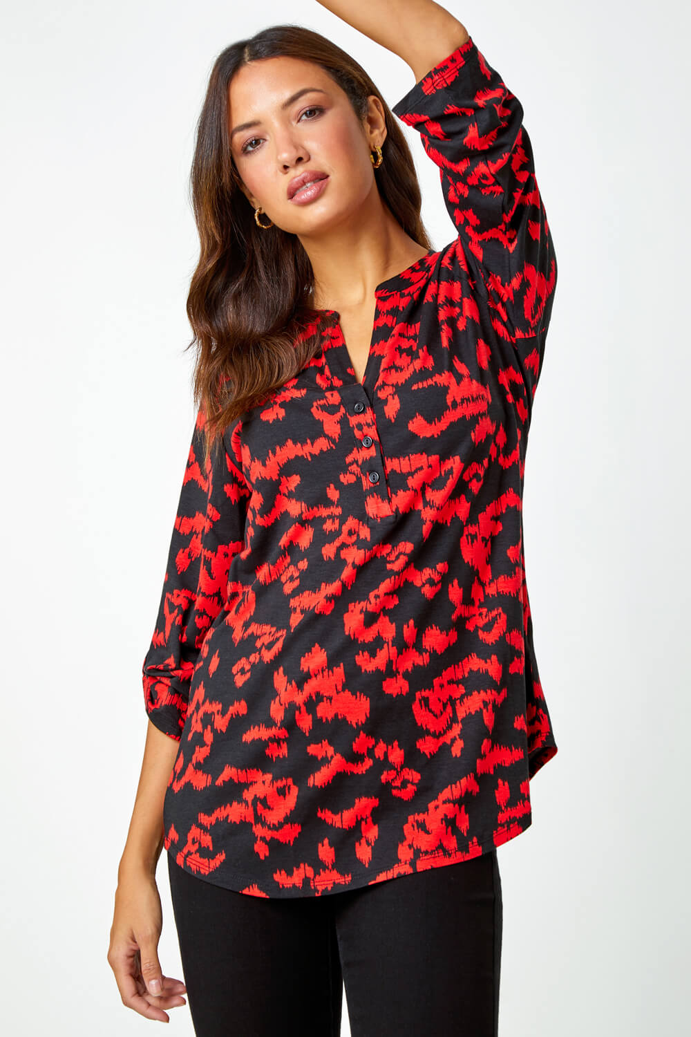 Red Abstract Animal Print Stretch Blouse, Image 2 of 5