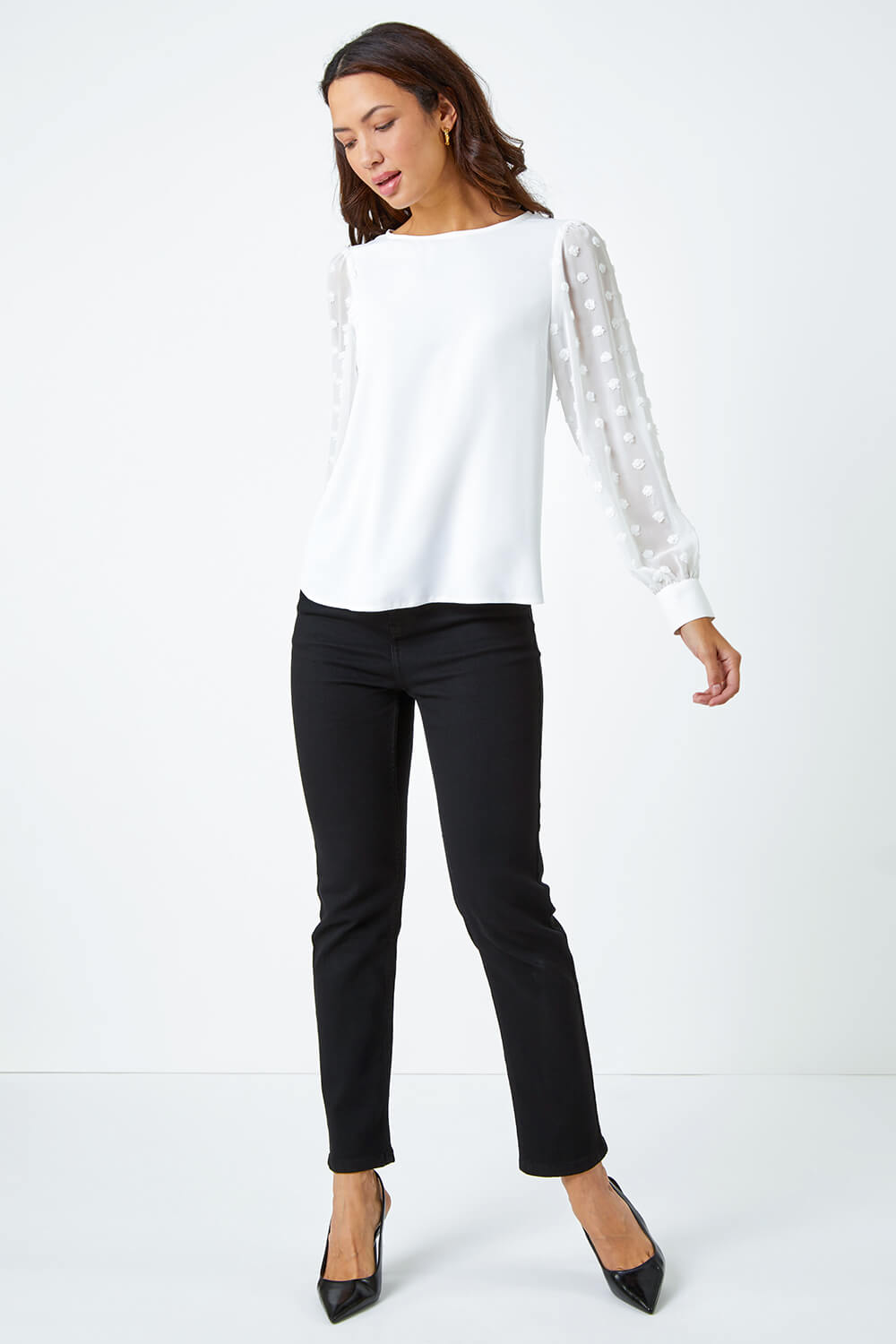 Ivory  Textured Spot Sleeve Top, Image 4 of 5