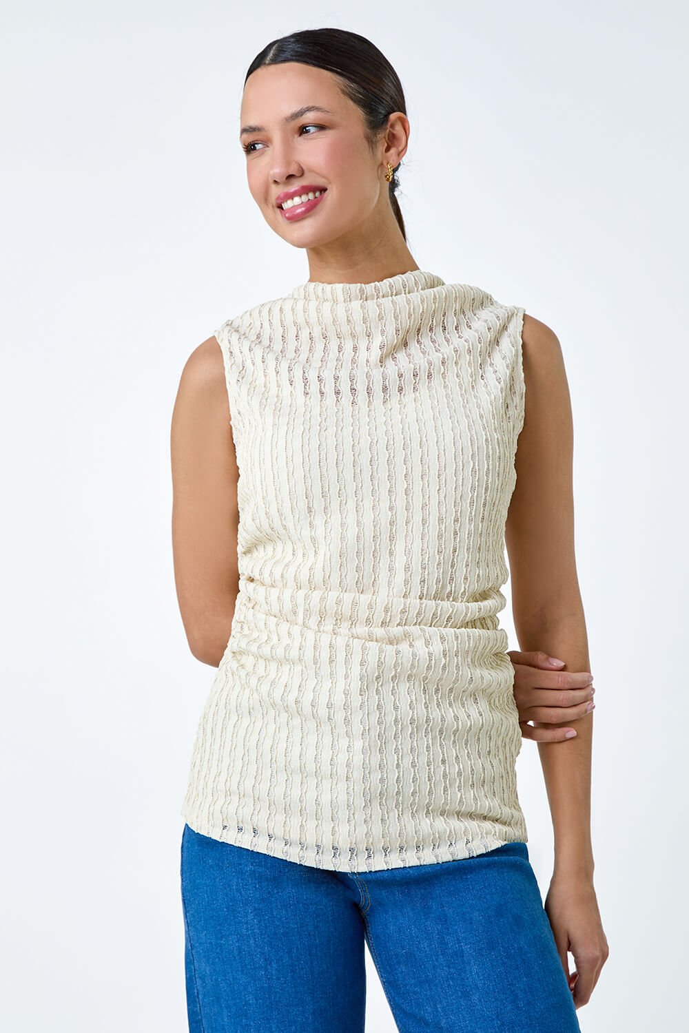 Natural  Textured High Neck Sleeveless Stretch Top, Image 2 of 5