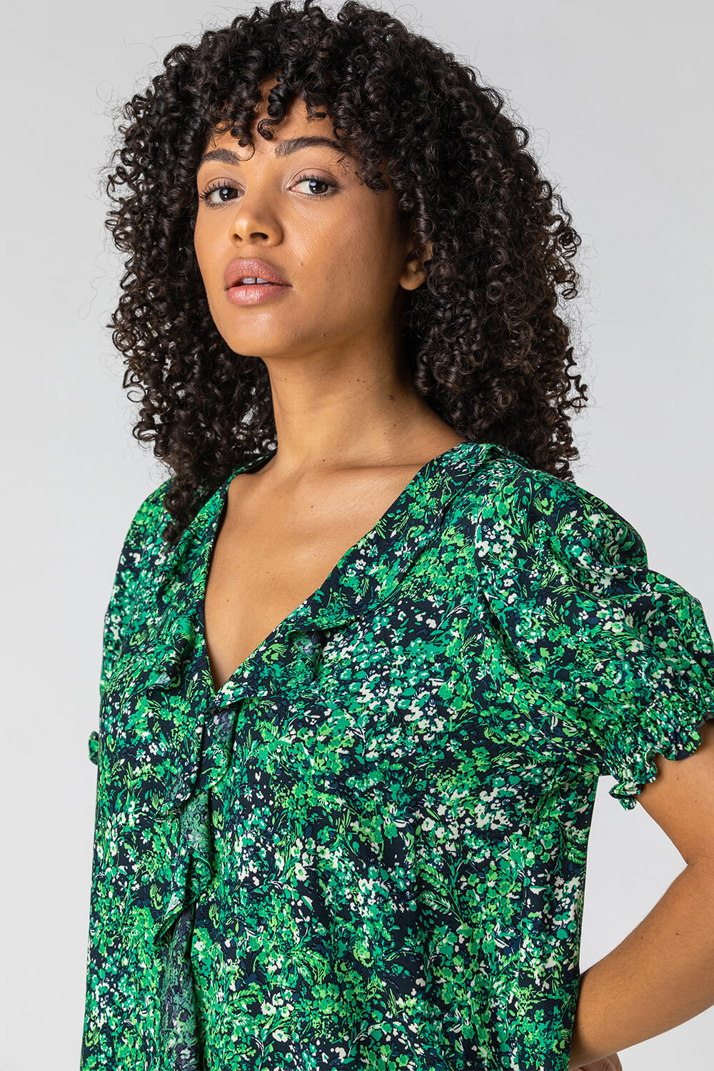Green Floral Print Frill Detail Blouse, Image 5 of 5