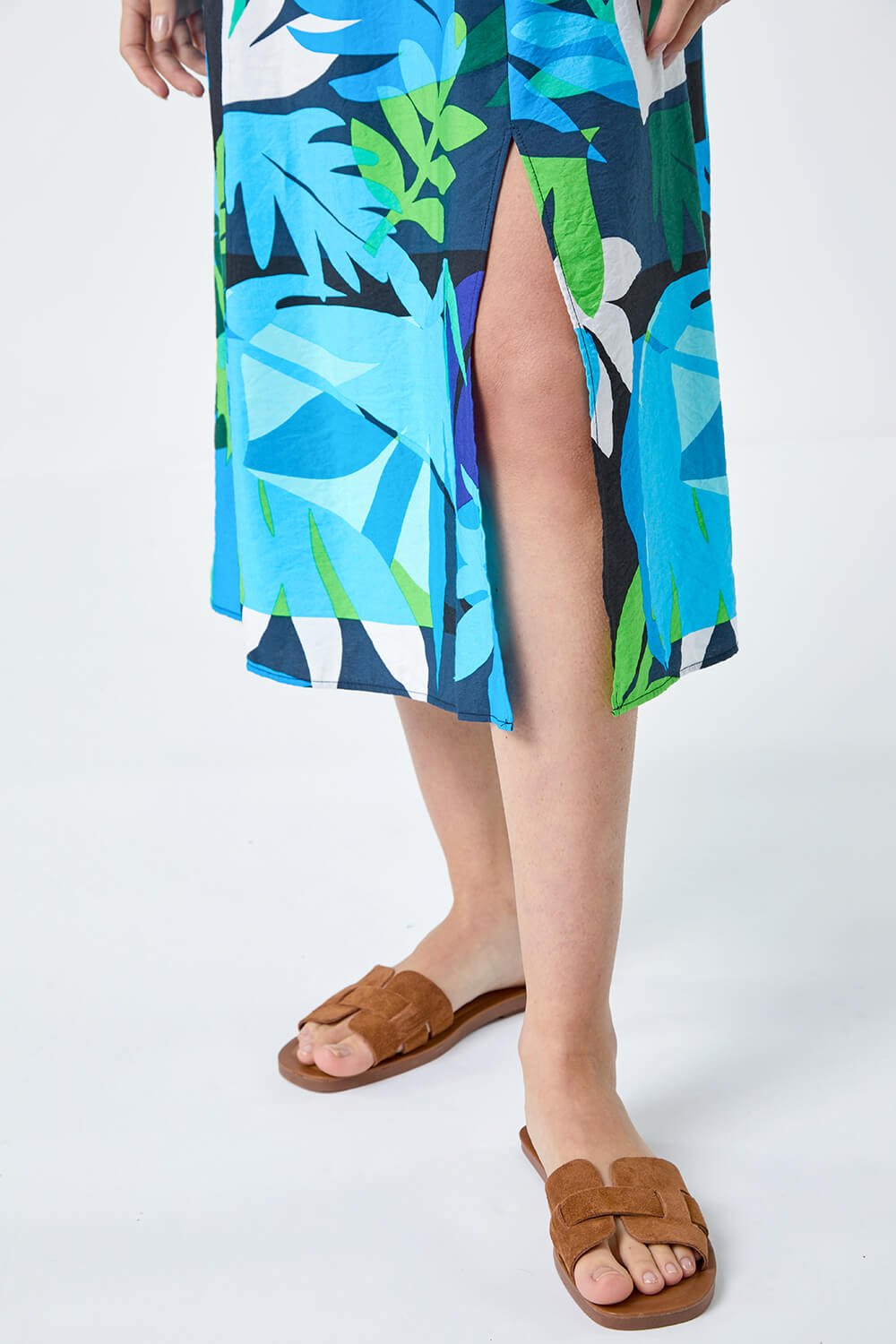 Blue Abstract Leaf Tie Back Midi Dress, Image 5 of 5