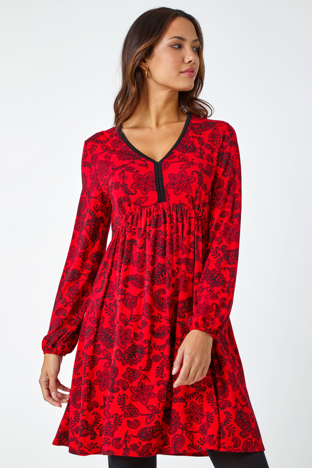 Red Floral Print Stretch Jersey Dress, Image 2 of 5