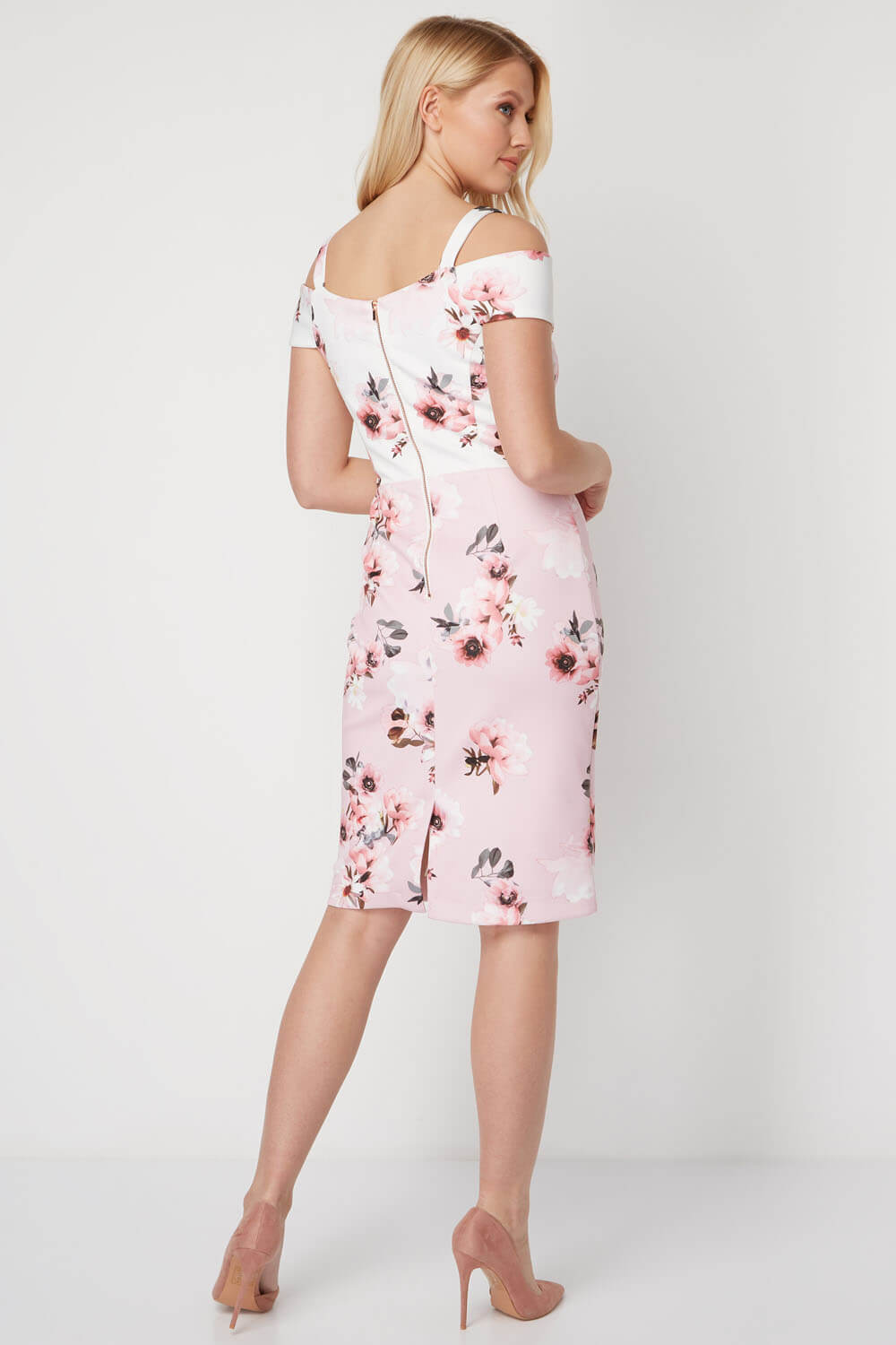 Light Pink Floral Print Cold Shoulder Dress, Image 3 of 5