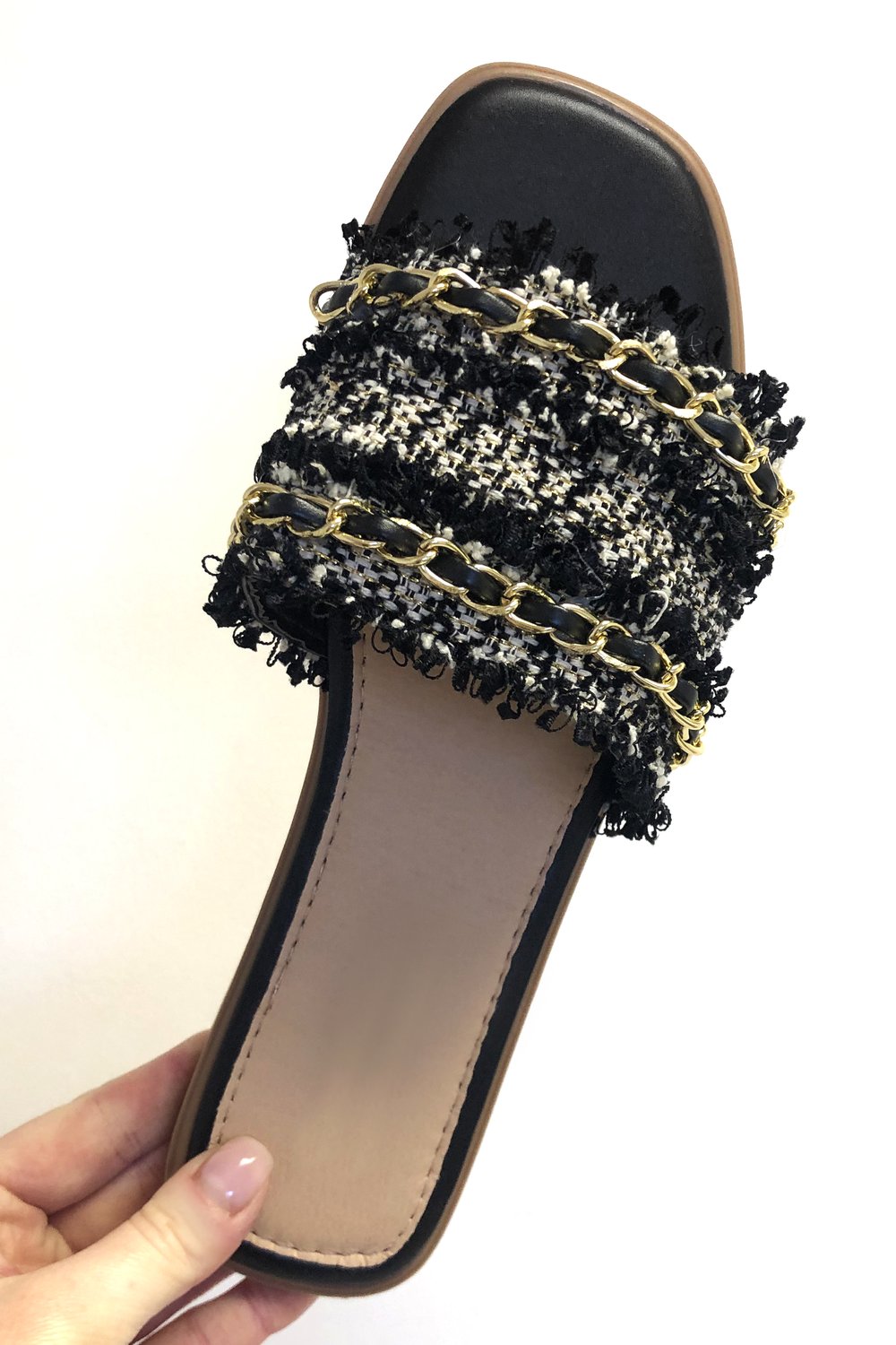 Black Woven Gold Detail Slider Sandals, Image 4 of 6