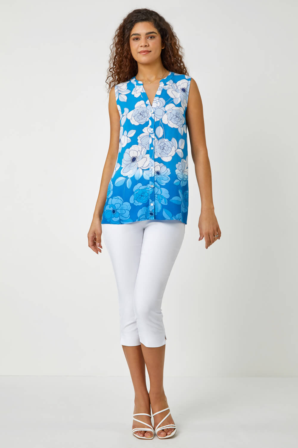 Blue Sleeveless Floral Print Blouse, Image 2 of 5