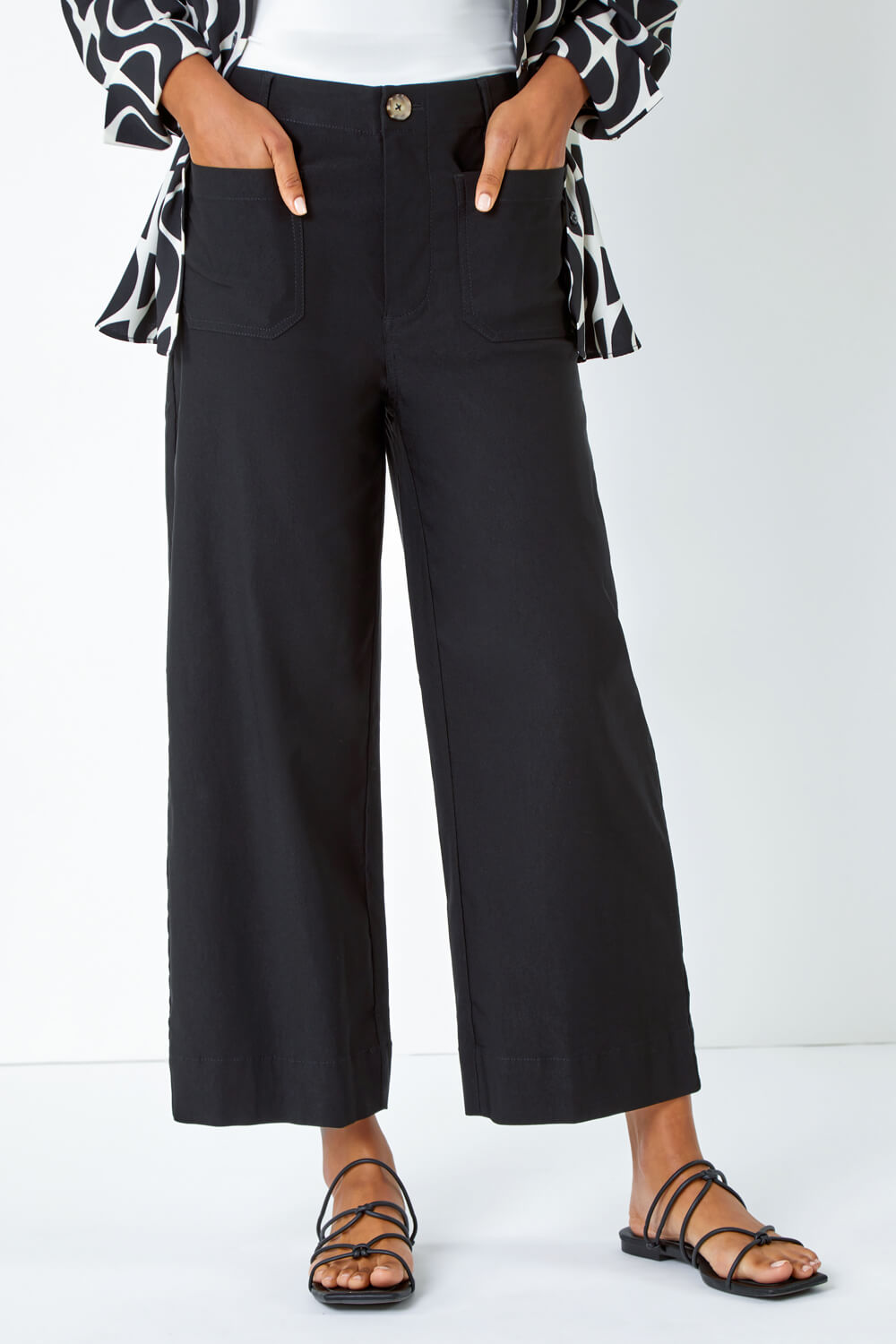 Black Pocket Detail Cropped Stretch Culottes, Image 4 of 5