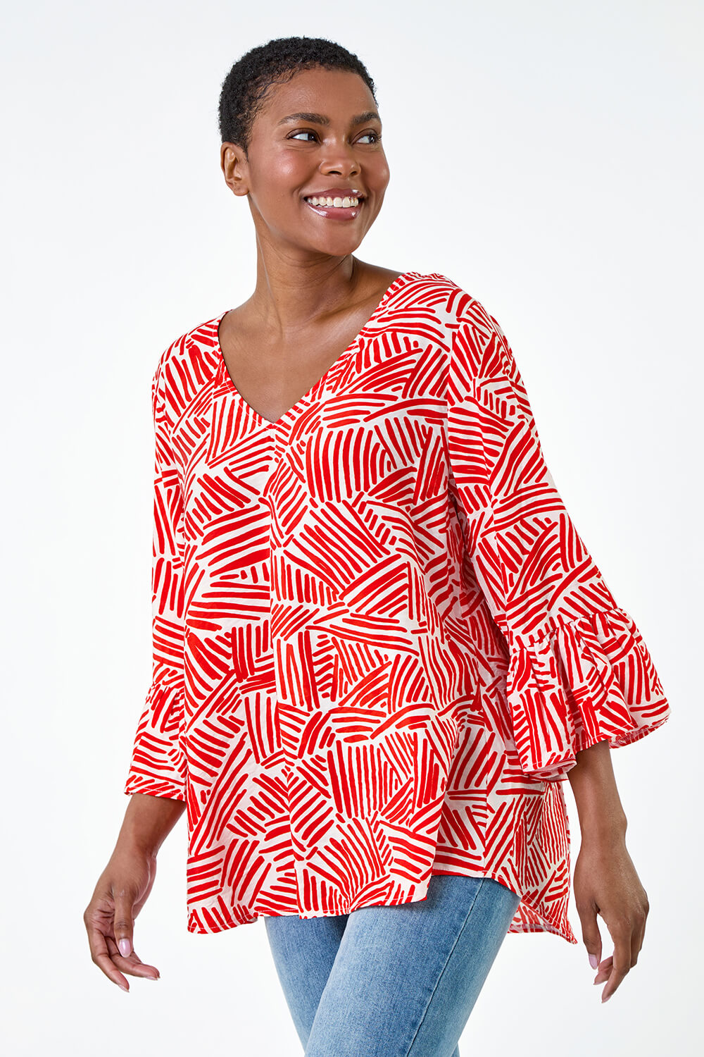 ORANGE Abstract Print V-Neck Frill Detail Top, Image 4 of 5