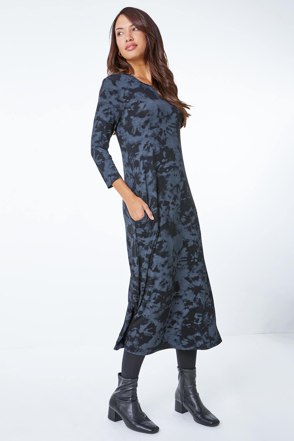Dark Grey Tie Dye Pocket Jersey Midi Dress, Image 2 of 5