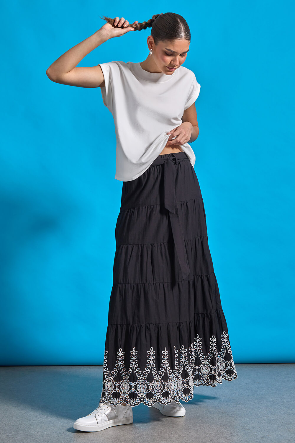 Black Cotton Broderie A line Tiered Maxi Skirt, Image 5 of 6