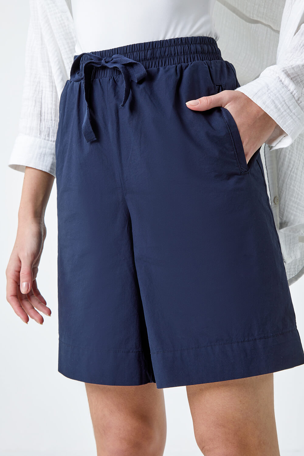 Navy  Cotton Tie Detail Pocket Shorts, Image 5 of 5
