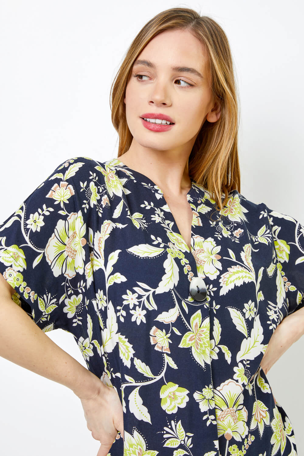 Navy  Petite Contrast Floral Print Shirt Dress, Image 4 of 4
