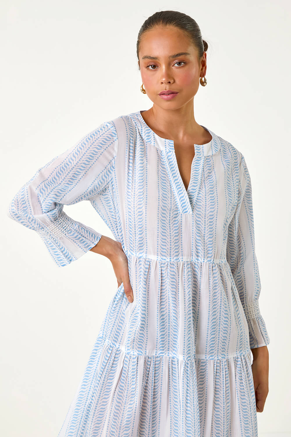 Blue Petite Cotton Stripe Tiered Smock Dress | Roman UK