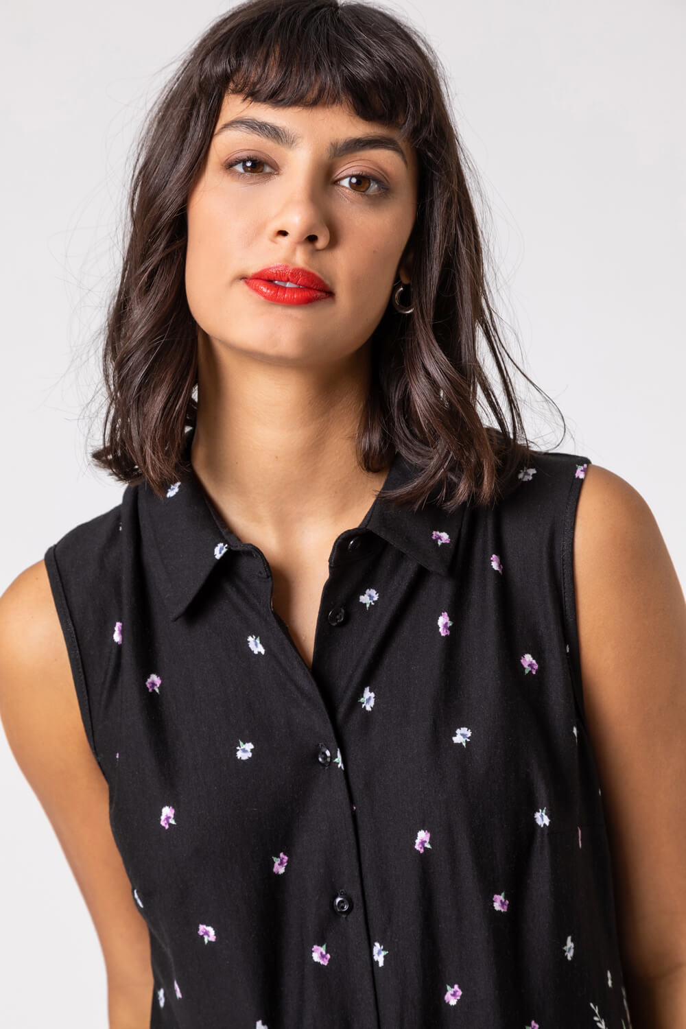 Black Floral Border Print Sleeveless Shirt, Image 4 of 4