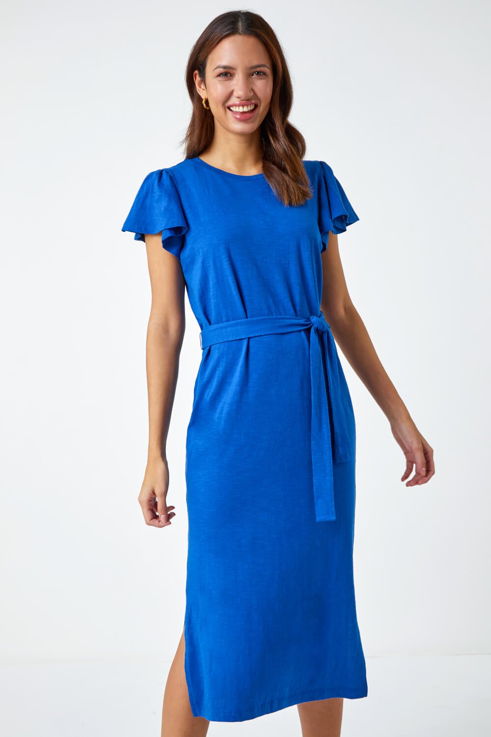 Ruffle Sleeve Belted Cotton Midi Dress in Royal Blue - Roman Originals UK