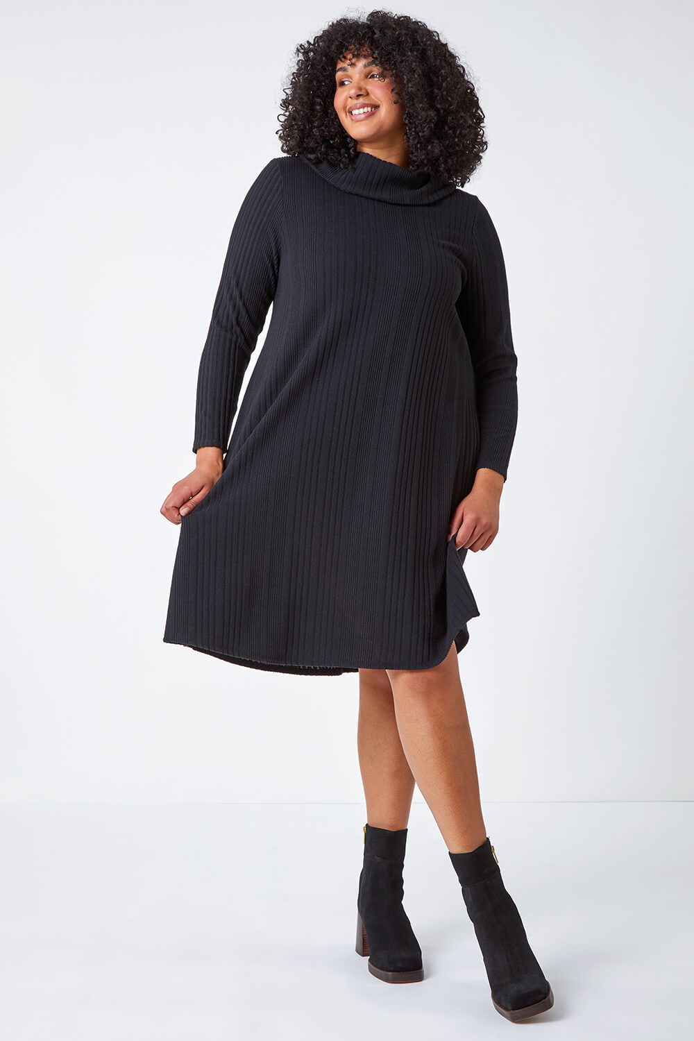 Black Curve Roll Neck Ribbed Stretch Dress, Image 2 of 5