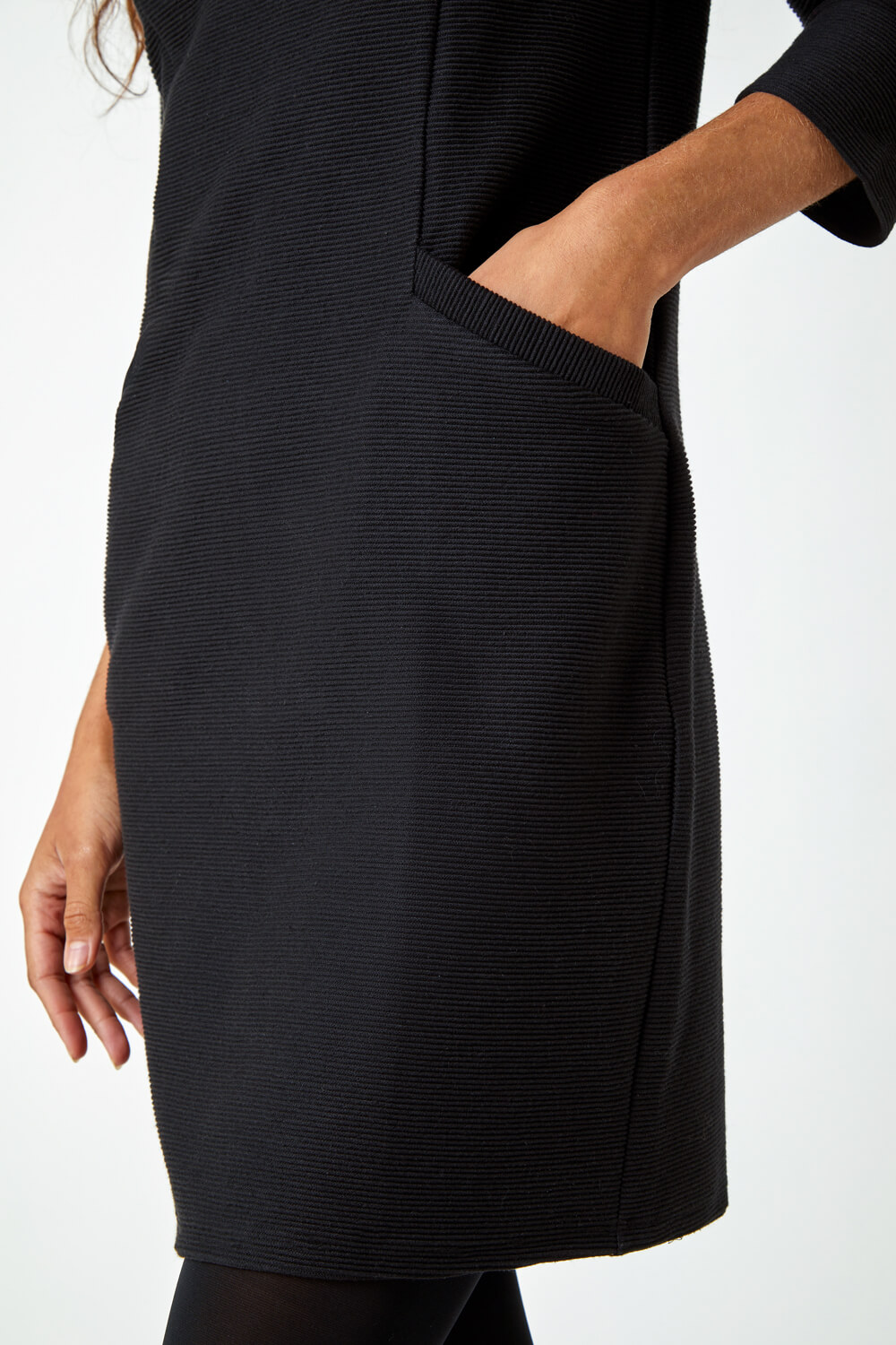 Black Ribbed Pocket Detail Shift Stretch Dress, Image 5 of 5