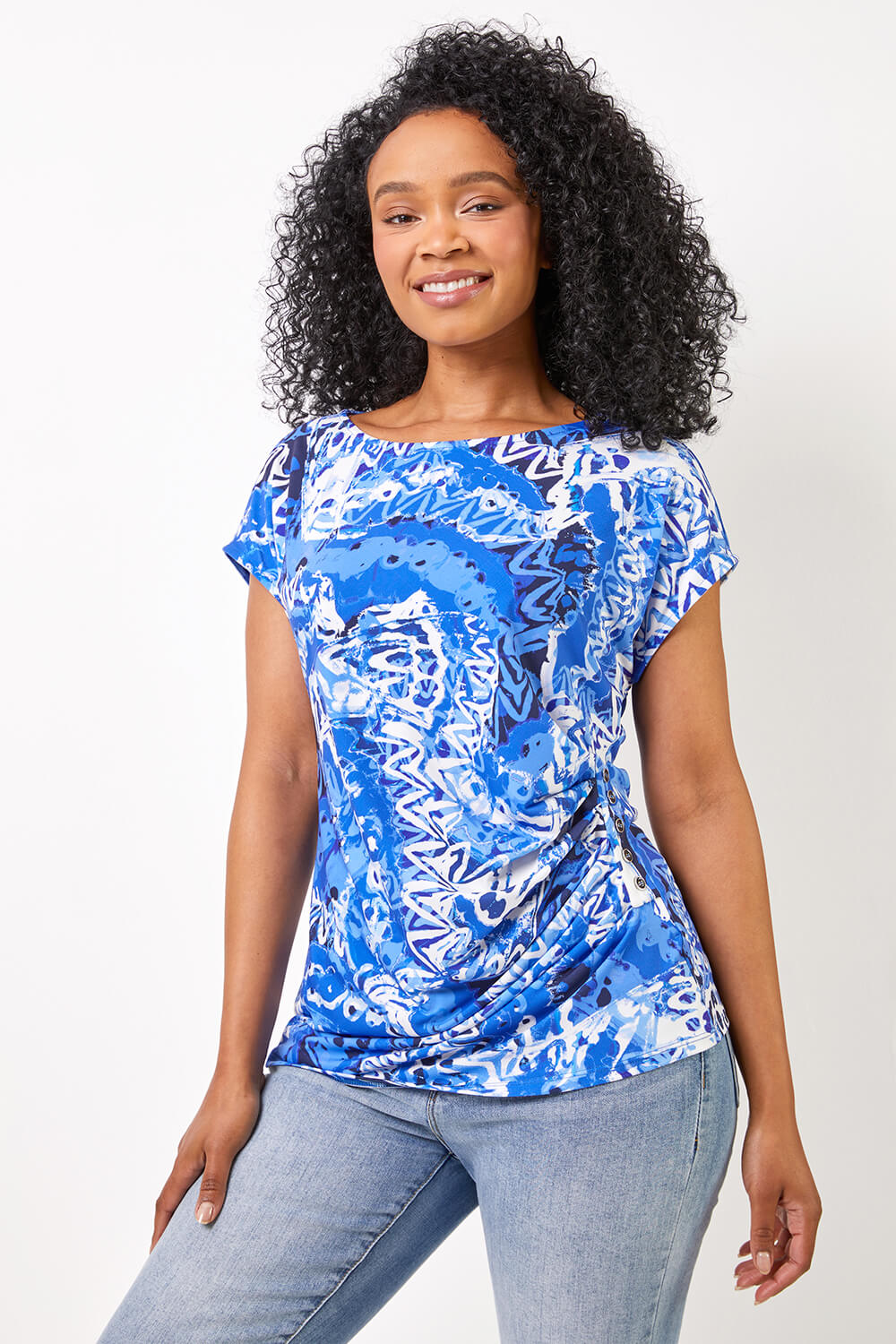 Petite Abstract Print Button Detail Top