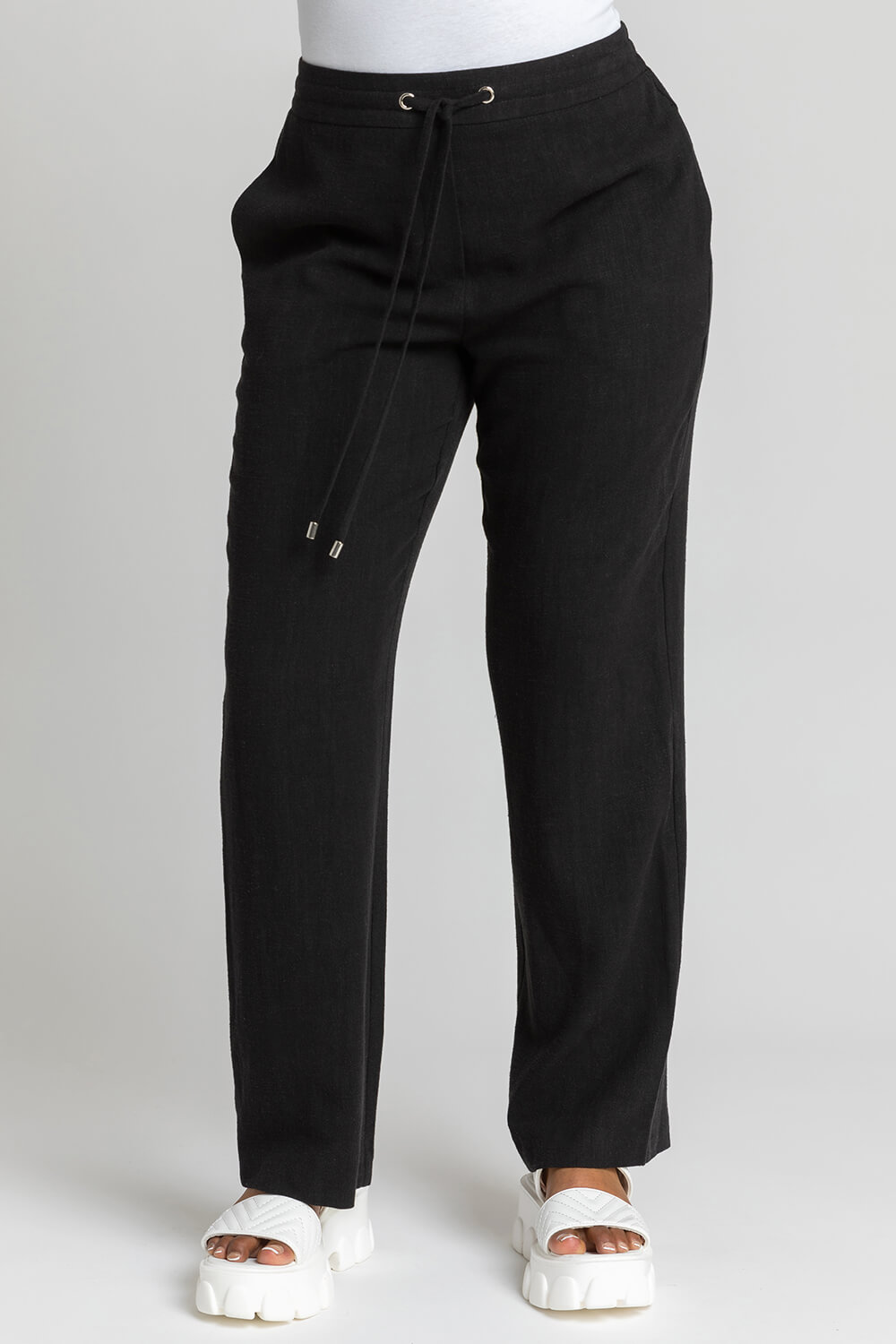 Black Petite Linen Tie Front Trousers, Image 2 of 4