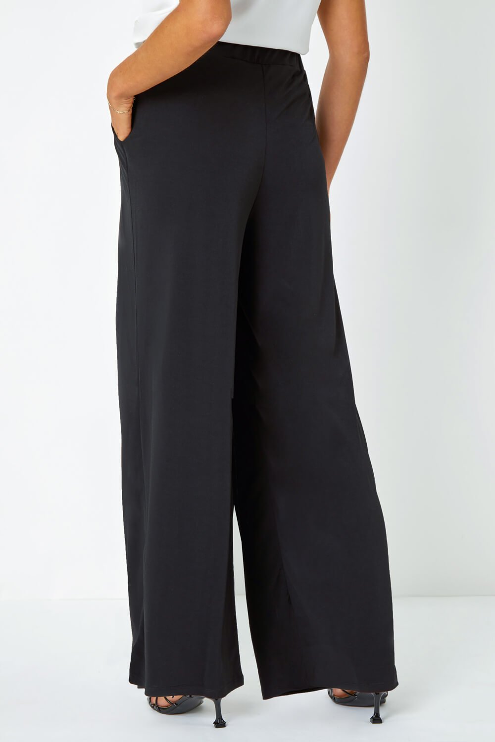 Black Button Detail Wide Leg Stretch Trousers, Image 3 of 5