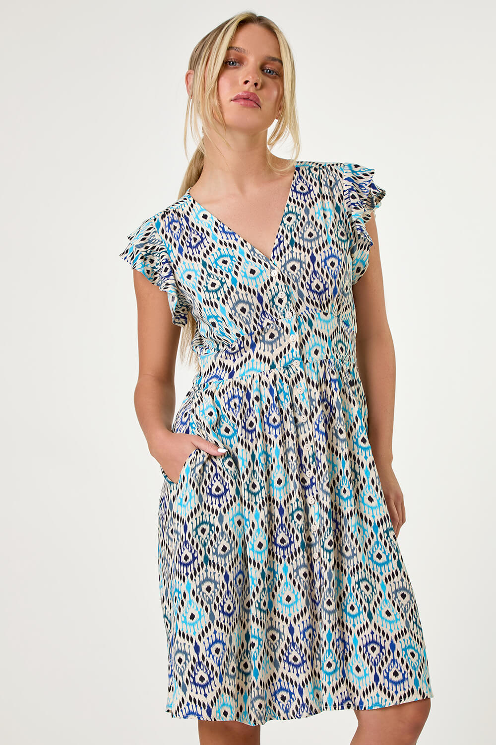 Blue Petite Aztec Print Frill Pocket Dress | Roman UK