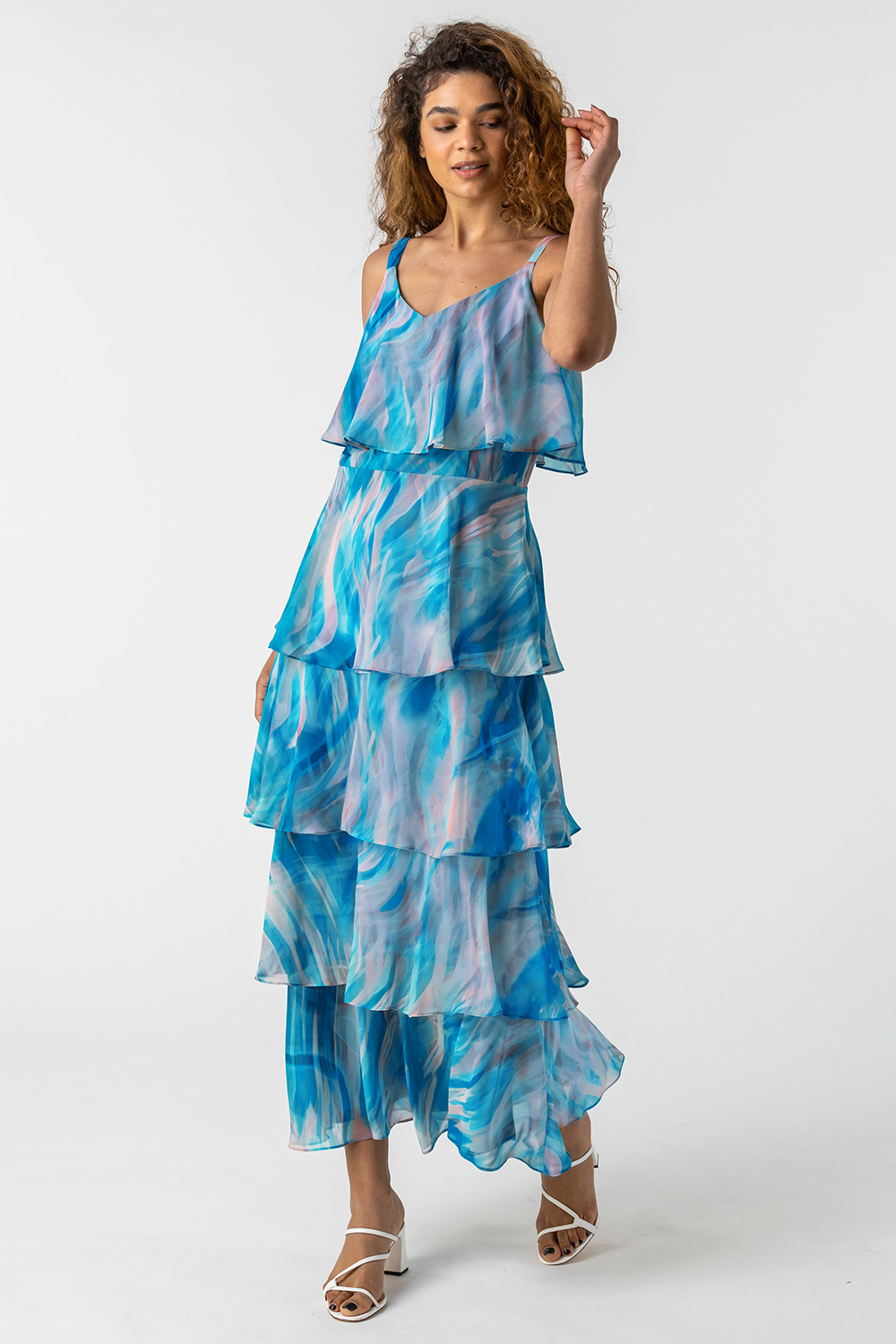 Aqua Abstract Print Tiered Maxi Dress, Image 3 of 5
