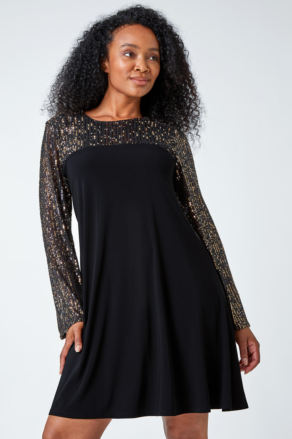 Gold Petite Sequin Shift Stretch Dress, Image 2 of 5