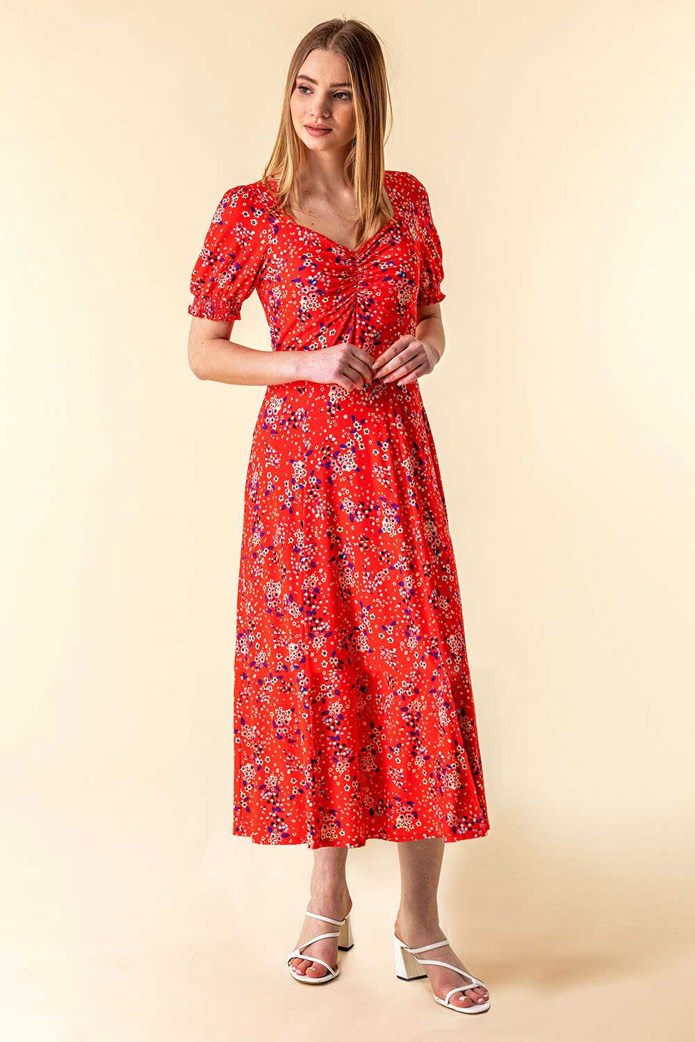 Red Ditsy Floral Ruched Maxi Dress, Image 2 of 4