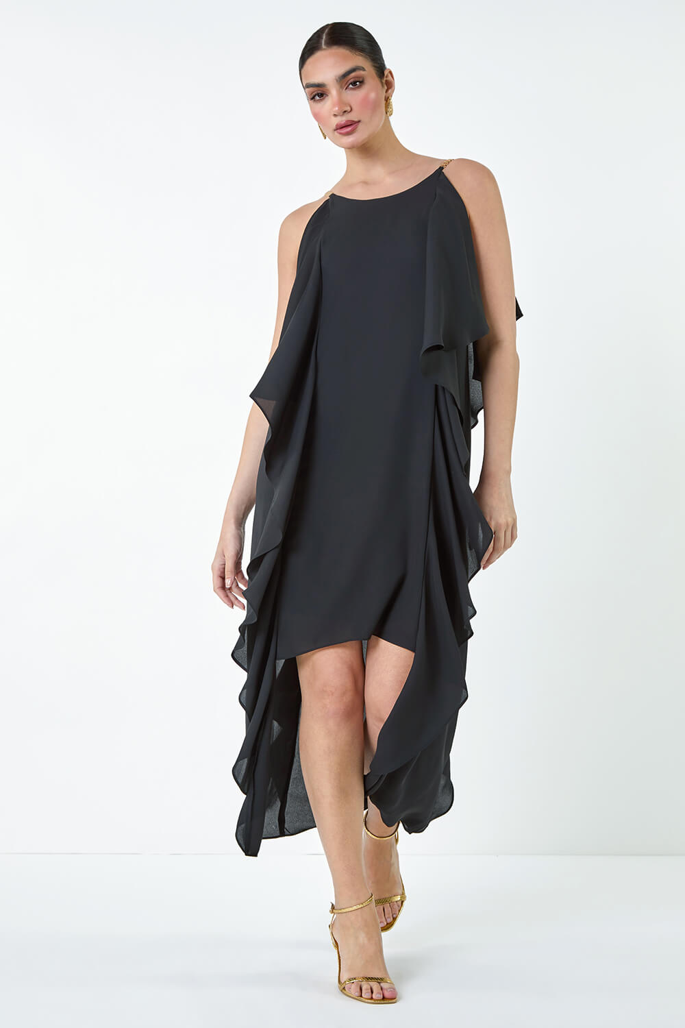 Black Plain Dipped Hem Ruffle Detail Midi Dress, Image 2 of 5