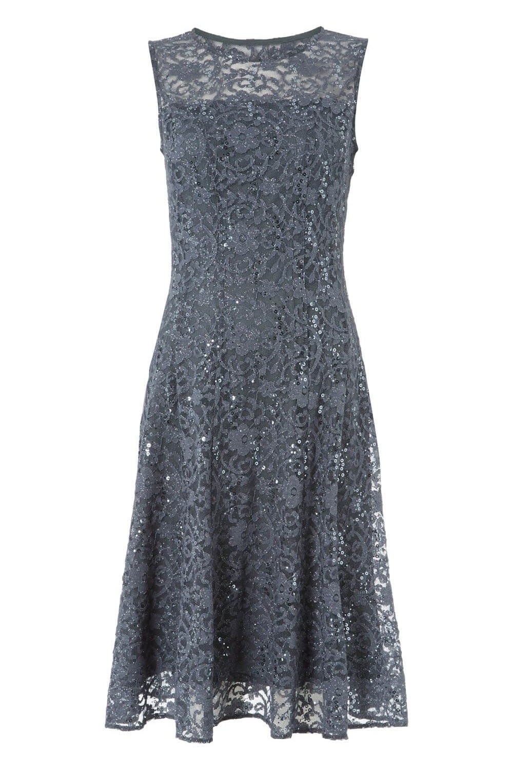 Grey Glitter and Sequin Lace Fit and Flare Dress, Image 5 of 5