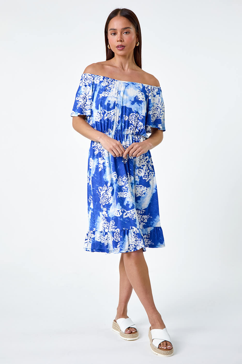 Blue Petite Abstract Floral Stretch Frill Dress, Image 2 of 5