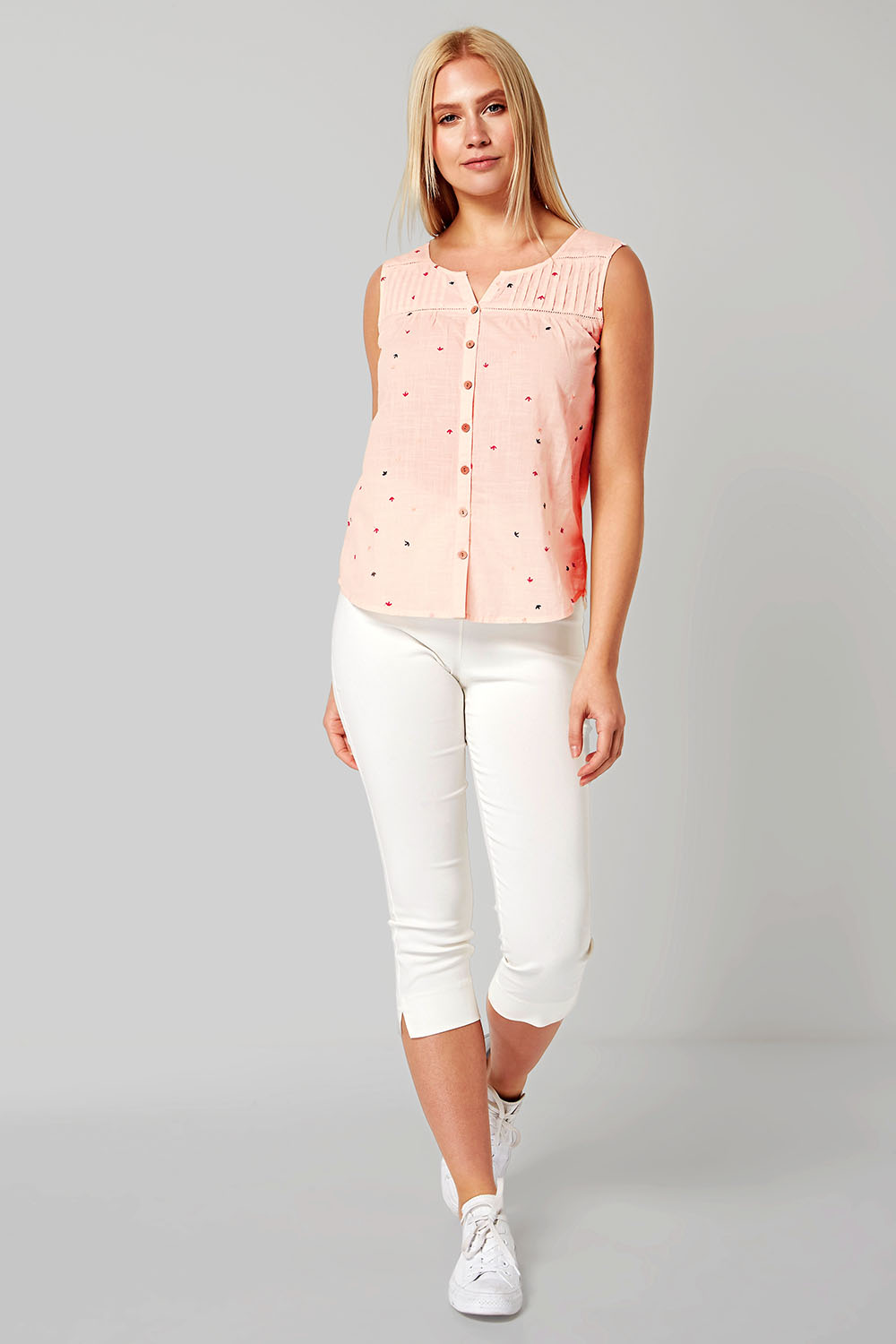 Light Pink Embroidered Sleeveless Button Blouse, Image 3 of 4