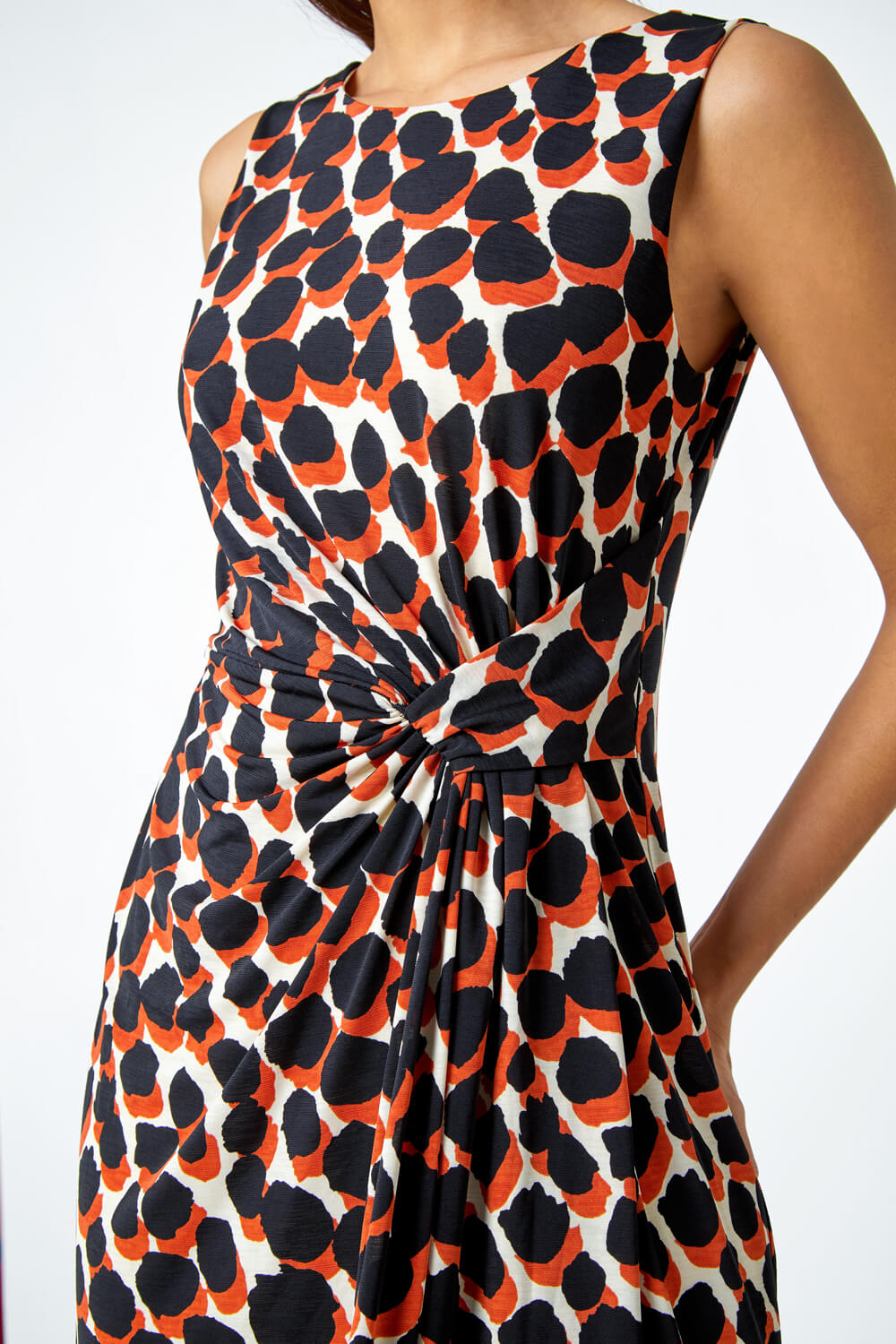 Rust Spot Print Drape Detail Stretch Dress, Image 5 of 5