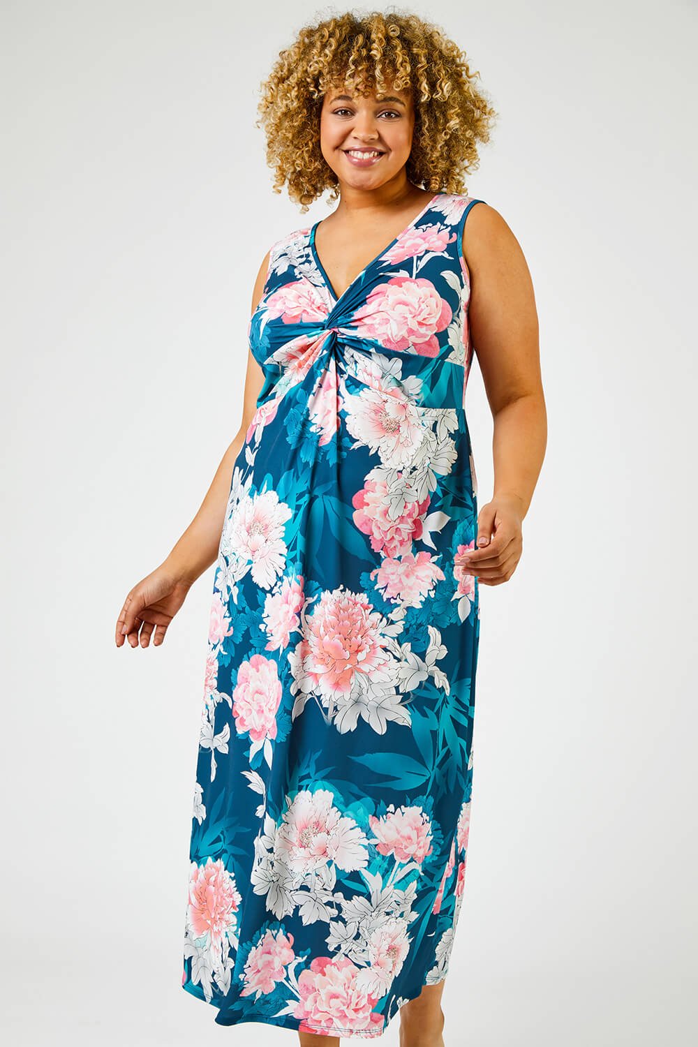 Teal Curve Floral Print Twist Ruched Midi Dress, Image 1 of 5