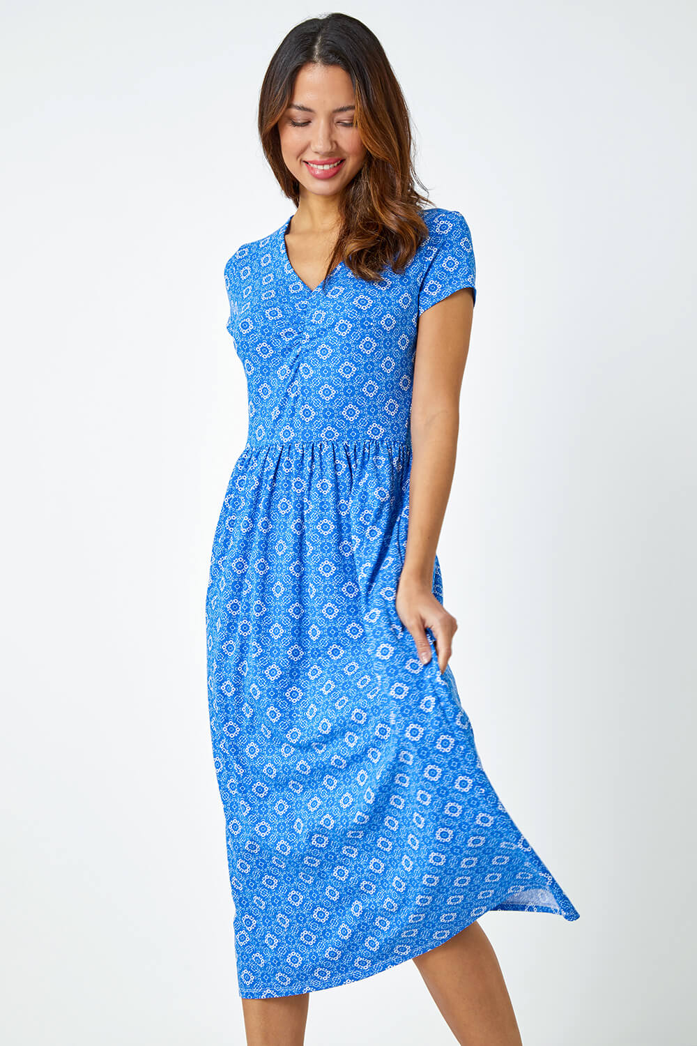 Royal Blue Tile Print Midi Stretch Dress, Image 4 of 5
