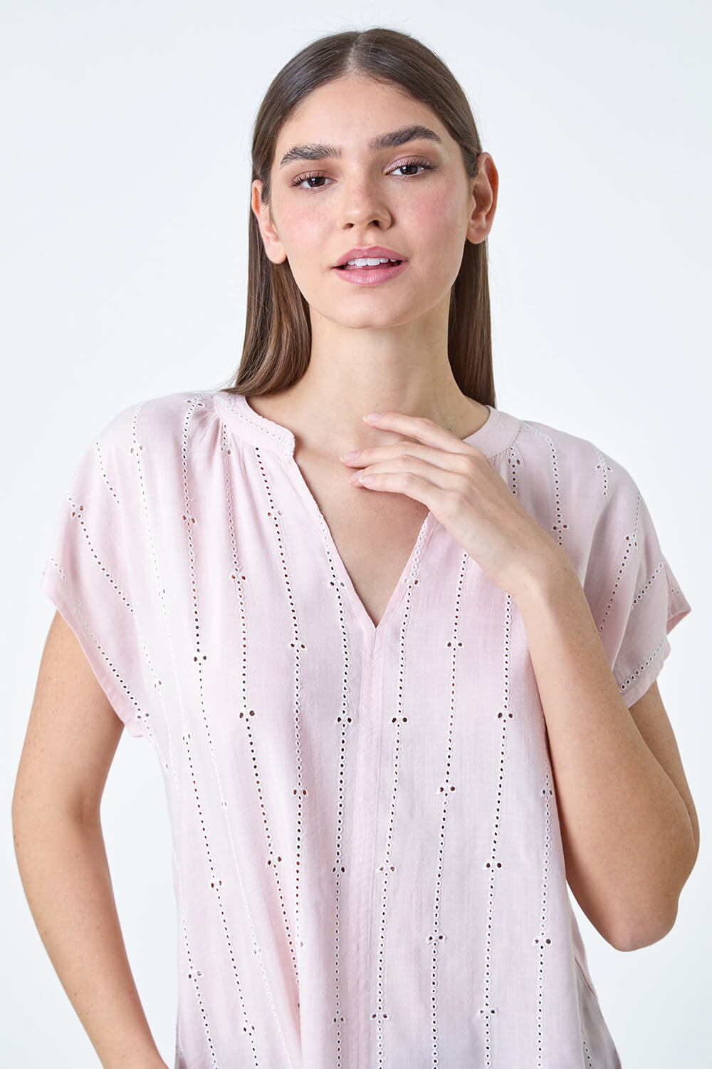 Light Pink Embroidered Stripe Notch Neck Top, Image 4 of 5